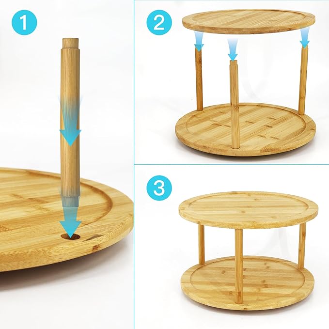 Wood Lazy Susan Organizer Bamboo 2-Tier Rotating Storage Rack – 360° Turntable Organizer for Kitchen, Spices, Cosmetics