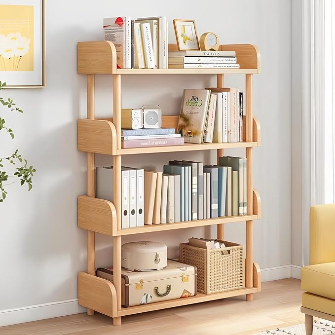 4-Tier Wooden Open Bookcase - Modern Display Bookshelf with Top Edge and Solid Wood Frame for Home and Office, Storage Cabinet, Oak