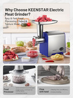 KEENSTAR Electric Meat Grinder, Sausage Stuffer Maker 450W Food Grinder with Blade & 3 Plates, Sausage Stuffer Tubes & Kubbe Kit, Stainless Steel Meat Mincer Machine for Home Kitchen Use (Blue)