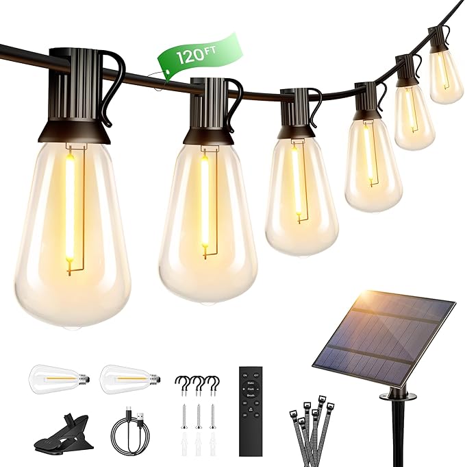 OHLUX 120FT Solar String Lights Outdoor with Remote, 2200K Soft Warm Patio Lights with 52 Shatterproof ST38 Tear-Drop LED Filament Bulbs, Dimmable Outside Edison Hanging Light for Backyard Deck Roof