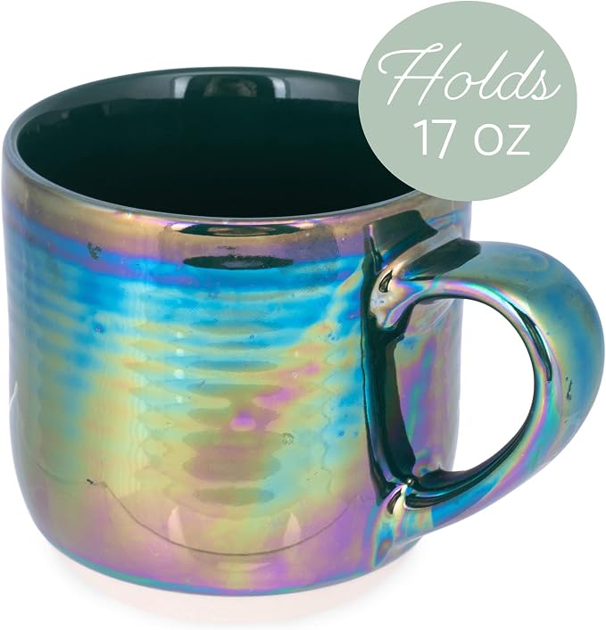 Elanze Designs Glossy Reactive Glaze Large 17 Fluid Ounce Everyday Kitchen Food Grade Ceramic Stoneware Coffee Mug Cup with Comfort Curved Handles, Set of 4, Emerald Green