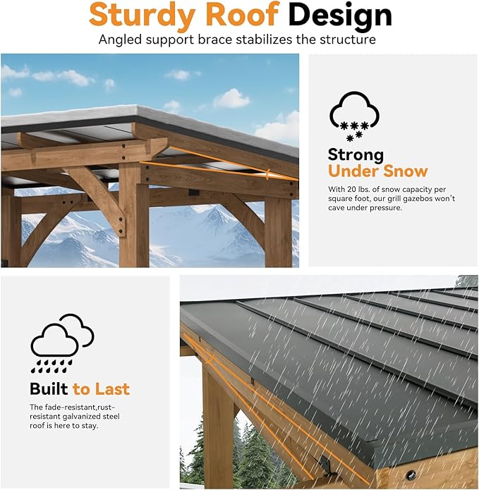 Modern Shade Grill Gazebo 6' X 8', Cedar Wood Gazebo with Shelves and Paper Towel Holder, Patio Pavilion with Galvanized Steel Roof, USB and USB-C Charging Ports for Patio Backyard