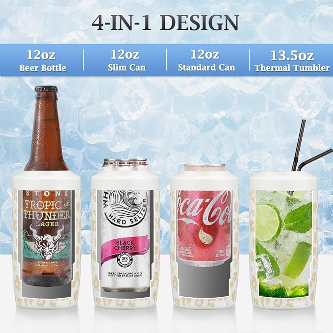 MAXSO Slim Can Cooler, 4-in-1 Double Walled Stainless Steel Insulated Beer Can Holder, Works With All 12 Oz Cans,Bottles & As A Pint Cups - Leopard