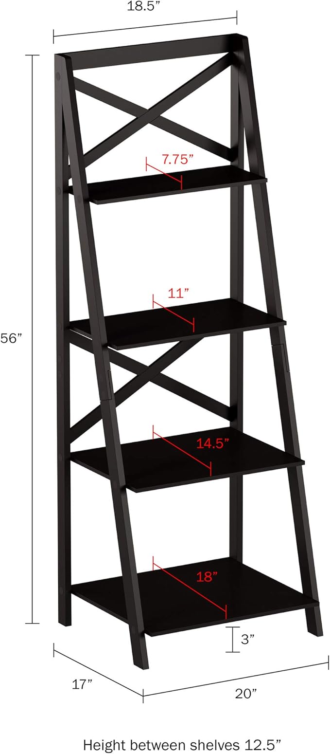 Lavish Home 4-Tier Ladder Bookshelf - Freestanding Shelved Bookcase with X-Back Frame and Leaning Look - Display Shelves for Home or Office (Black)