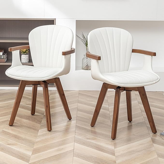 LUNLING Swivel Dining Chairs Set of 4, Mid Century Modern White Faux Leather Kitchen Chairs with Arms,Bamboo Legs Side Chairs No Wheels,Accent Chair for Dining Rooms and Offices