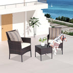 Patio Set 3 Piece Outdoor Rattan Porch Furniture with Tempered Glass Side Table & Cushion All Weather Conversation Bistro Set for Balcony,Deck,Porch (Brown/Beige)