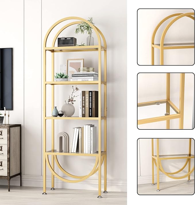 Freestanding Gold Bookshelves with Glass Shelves Storage, Modern Gold Bookcase with 4 Tier Glass Shelves, Gold Storage Organizer for Office, Living Room