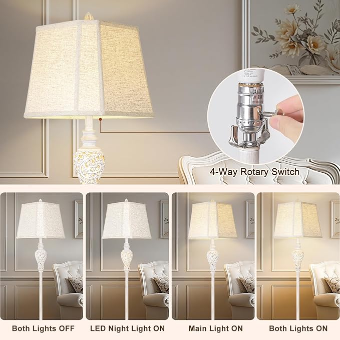 Floor Lamp for Living Room, Vintage Standing Lamp with Nightlight, 65" Tall Lamp with White Linen Shade, Farmhouse Rustic Floor Lamp for Bedroom, Office, Corner (LED Bulb Included)