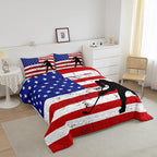 Erosebridal American Flag Comforter Set Twin, Hockey Bedding Set United States Sports Games Down Comforter for Kids Boys Teens Bedroom, Red White Geometric Stripes Duvet Sets with 1 Pillowcase