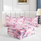 Datura home Kids Comforter Set Girls Pink Flower Butterfly Printed Pattern Quilt Bedding with 1 and 2 Pillowcases for Bedroom All Season(Pink Queen) Queen 90x90inches