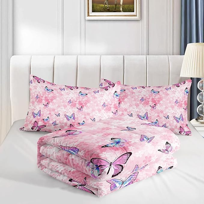 Datura home Kids Comforter Set Girls Pink Flower Butterfly Printed Pattern Quilt Bedding with 1 and 2 Pillowcases for Bedroom All Season(Pink Queen) Queen 90x90inches