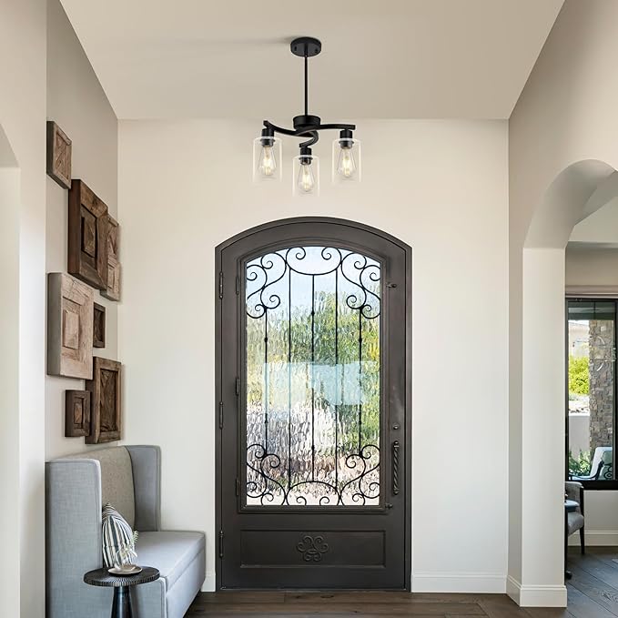 3 Light Modern Dining Chandeliers Over Table，Black Light Fixture for Dining Room，Farmhouse Chandelier with Glass Shade，Industrial Pendant Lighting for Kitchen Island，Foyer,Hallway, Bedroom