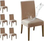 MOSAYT 100% Waterproof Dining Room Chair Covers Set of 6, Super Fit Stretch Jacquard Parson Chairs Slipcovers Removable Washable Chair Seat Protectors for Home, Kitchen, Banquet (Khaki - XL)