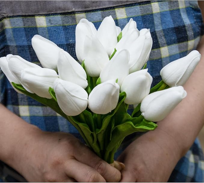 Buart Artificial Tulip in Bulk for Home Kitchen Wedding Bridal Bouquet,Fake White Flowers for Valentine's Day Mother's Day Easter Table Centerpieces Decorations(Mini Size,Real-Touch,12pcs)