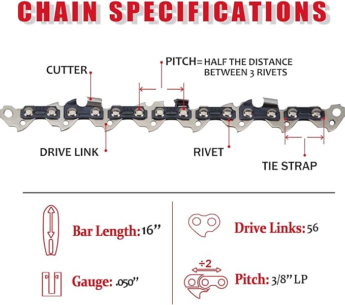 E & S 3 Pack 16 Inch Chainsaw Chain 3/8" LP Pitch .050" Gauge 56 Drive Links Semi-Chisel Chain Saw Chains for Husqvarna, Poulan, Craftsman, Greenworks and More Chainsaw Brands