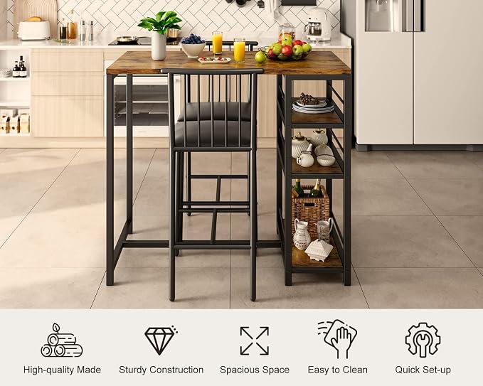 Gizoon 3-Piece Bar Dining Table Set for 2, Kitchen Table w/Shelves Retro | Space-saving retro bar height table set with 3 storage shelves. Includes 2 high-density PU cushion chairs that tuck away.