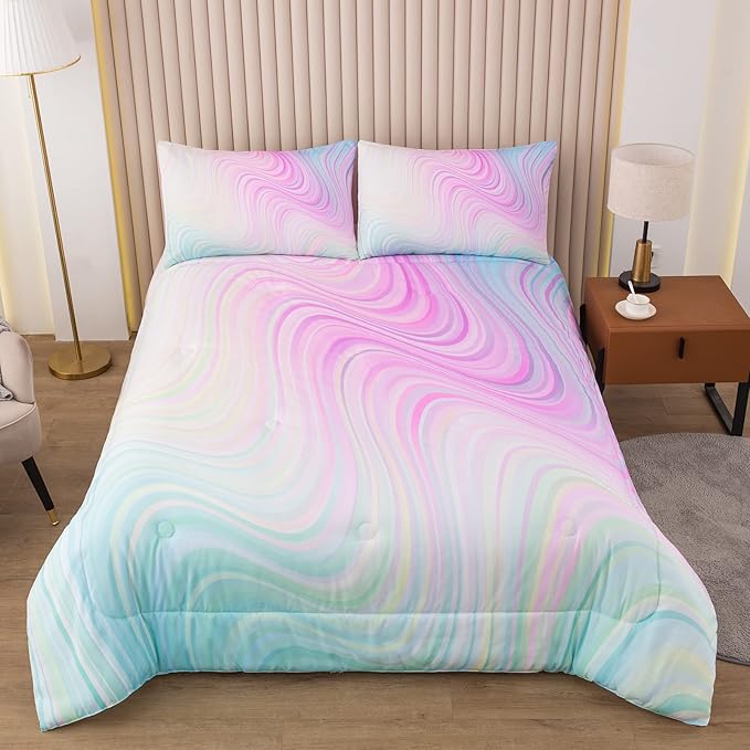 Bodhi Tie Dye Marbling Comforter Colorful Marble Teen Girl Bedding Set Watercolor Pastel Pink Blue Purple Comforter Set Marble Abstract Kids Bedding Set 2 Piece Bright Girly Comforter (Twin)