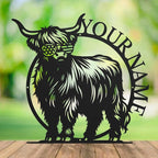 Personalized Highland Cow Name metal Signs,Custom Highland Cow Metal Shed Wall Decor,Black Metal Wall Art Plaques Outdoor wall Decorative Signage (Style G)