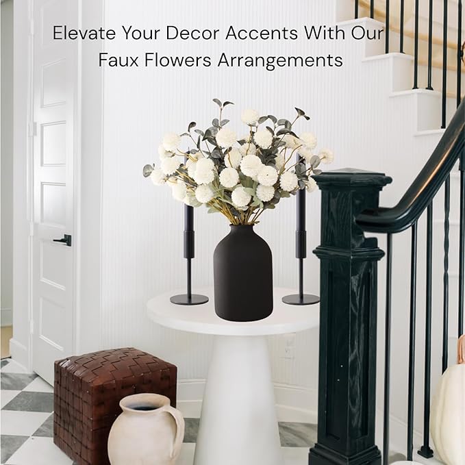 White Faux Flowers for Vase - Kiku 10 Stems & Eucalyptus, Fake Flowers Stems for Pottery Vase, Realistic Artificial Flowers, Pom Pom Balls for Aesthetic Room Decor, Floral Arrangements Centerpiece
