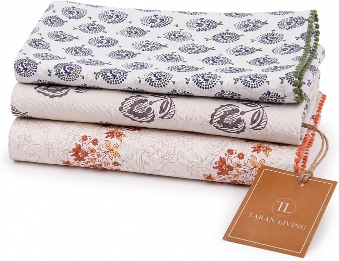 Printed Kitchen Dish Bar and Tea Towels Cotton, 18x28 inch with Trims, Cotton Dish Towel Sets (Multicolor Motif, Set of 3)