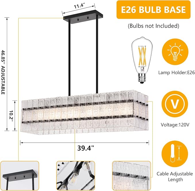 Modern Black Rectangle Water Ripple Glass Chandelier 6 Lights for Dining Room Kitchen Island Bar Living Room UL Listed L39.4 in