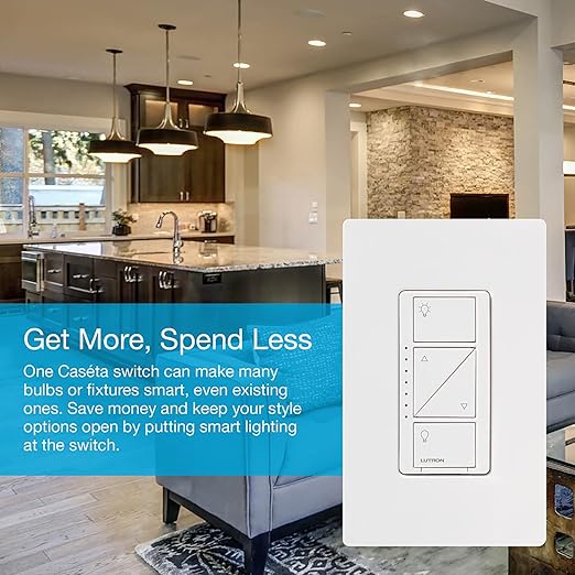 Lutron Caseta Original Smart Dimmer Switch (Lutron Smart Hub Required), for LED Lights, 150 Watt, Single-Pole/3-Way, No Neutral Required, PD-6WCL-WH 4-PACK, White, 4 Pack