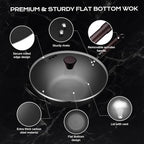 FGJ Wok, 13 Inch Carbon Steel Wok Pan Set 6PCS & Stir-fry Pans Nonstick, Pre-Seasoned 5.8QT Flat Bottom Chinese Woks Roasting Pan Set, Carbon Steel Cookware, Compatible with All Cooktops