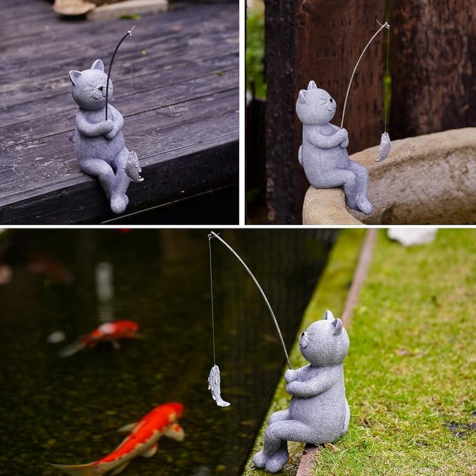 Goodeco Fishing Cat Garden Statue – 10" Little Cat Fisher for Garden Pond Decor, Poolside Statue with Glow in Dark Pebbles Included,Great Gifts for Mom, Women & Birthdays (Cat)