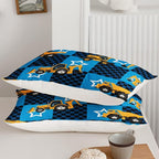 Axolotl Excavator Comforter Set Full Size,Blue Plaid Comforter Set with Star,Excavator Bedding Set for Kids Boys Teens,Construction Vehicle Comforter Set for Boys,1 Quilt 2 Pillowcases