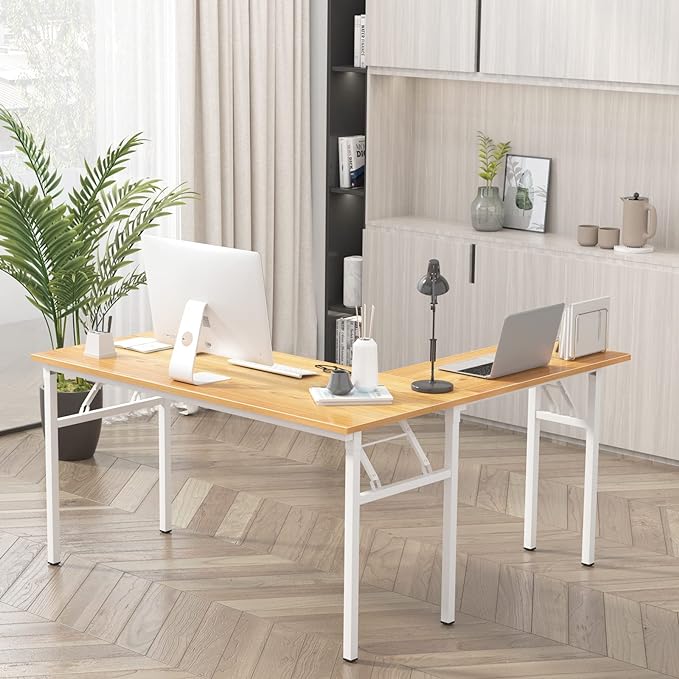 DlandHome Reversible L-Shaped Desk Large Corner Desk Folding Table Computer Desk Home Office Table Computer Workstation, ND11 (Teak + White)