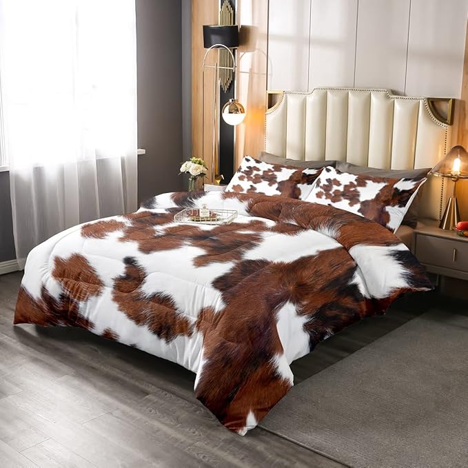 Erosebridal Cowhide Comforter Set for Kids Boys, Cute Brown White Cow Bedding Set Full Size, Farm Animal Skin Down Comforter Western Cowboy Country Duvet Sets Farmhouse Decoration