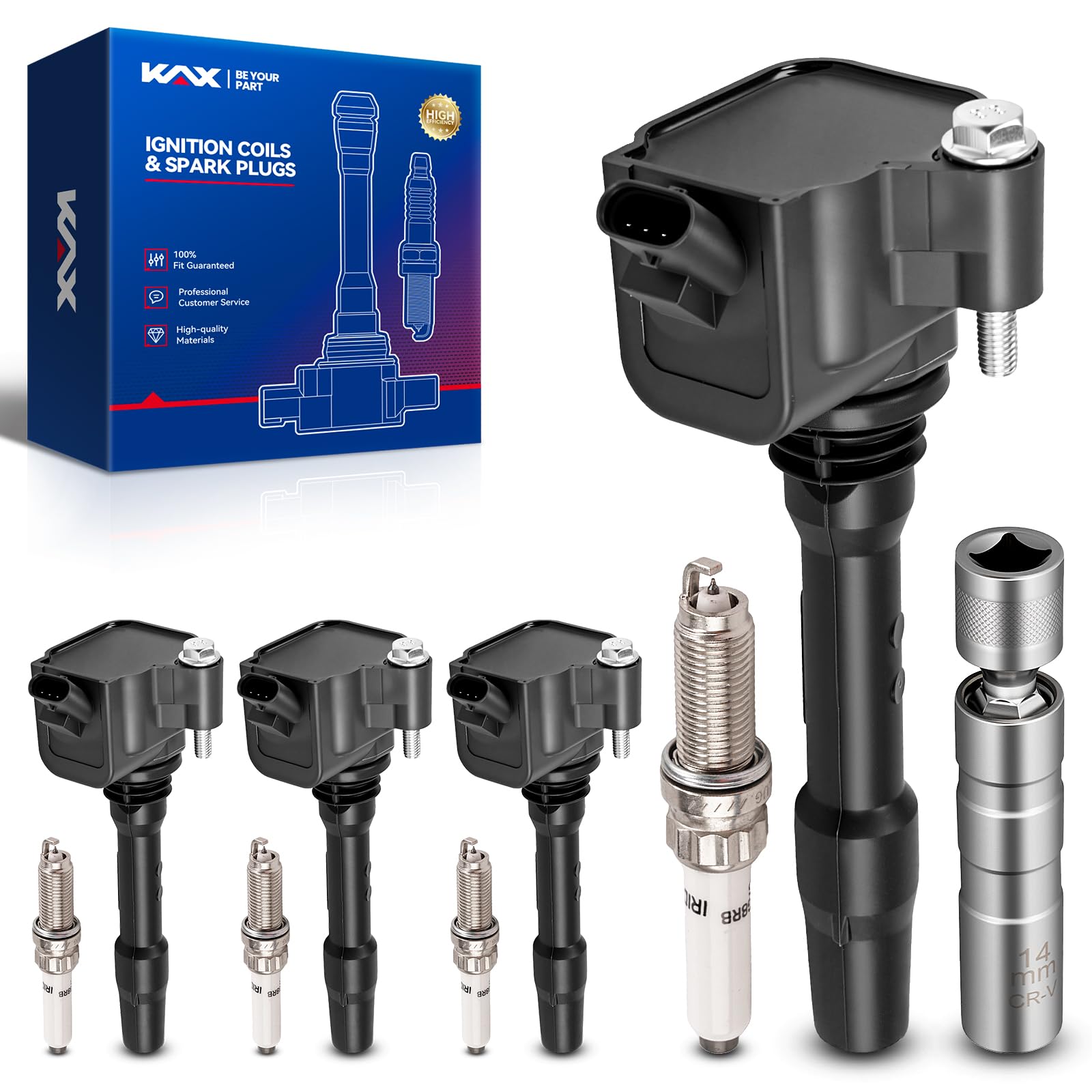 KAX OEM Performance Set of 4 UF750 Ignition Coil Pack & Iridium Spark Plugs w/Magnetic Socket for 330e 330i 530i 430i X1 740Le 2