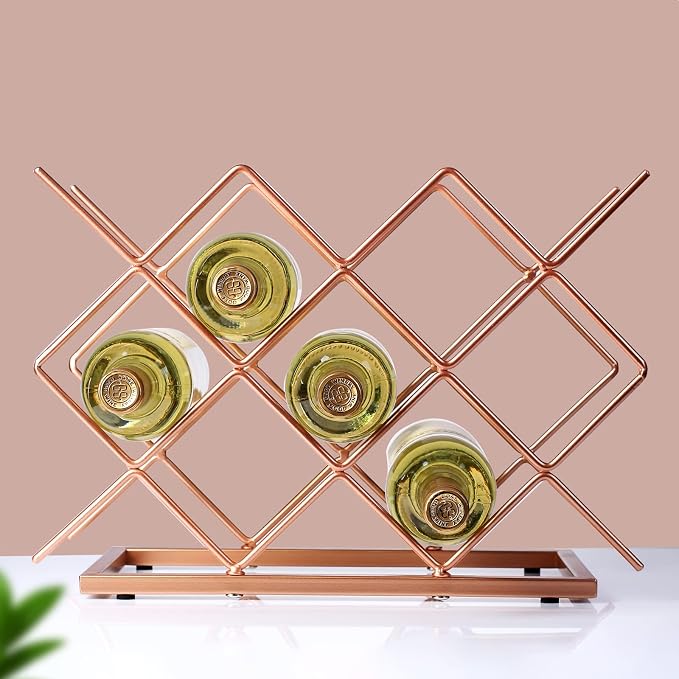 Countertop Wine Rack - 10 Bottle Freestanding Modern Rose Gold Metal Small Wine Rack - Tabletop Wine Holder Stand for Cabinet, Pantry, Wine Bottle Storage…
