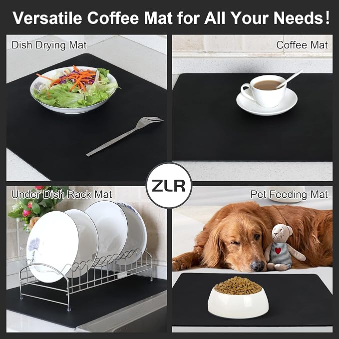 ZLR Coffee Bar Mat for Keurig & Nespresso, 12"x16" Small, Black | Absorbent Dish Drying Mat, Stain-Hiding PU Leather Top, Non-Slip Rubber Back, Heat-Resistant, Fits Frother & Pour-Over