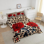 Rose Flower Comforter Set for Teens Adult Women Wedding Gift, Leopard Print Bedding Set Queen Size, Valentine's Day Cheetah Duvet Sets Leopard Animal Skin Down Comforter for Bedroom Decor, Brown