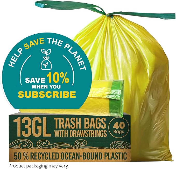 13 Gallon Trash Bags with Drawstrings, 40 Bags Made from 50% Recycled Plastic, Leakproof and Tear-Resistant, Tall Kitchen Garbage Bags for Home and Office