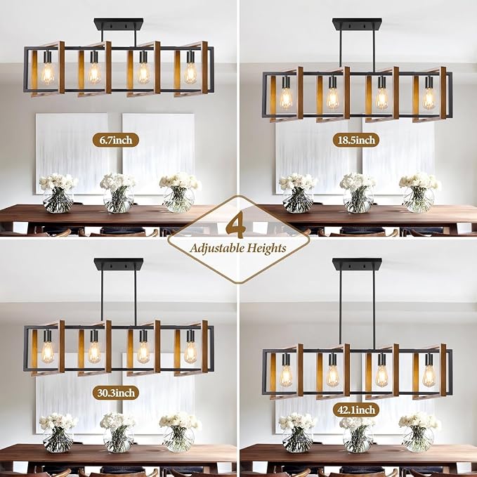 4 Lights Dining Room Light Fixture, Farmhouse Kitchen Island Lighting Wood and Black Metal Rectangular Hanging Chandelier for Ceiling Living Room, Modern Rustic Pendant Lighting Fixture Over Table