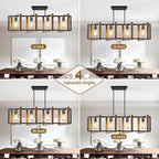 4 Lights Dining Room Light Fixture, Farmhouse Kitchen Island Lighting Wood and Black Metal Rectangular Hanging Chandelier for Ceiling Living Room, Modern Rustic Pendant Lighting Fixture Over Table