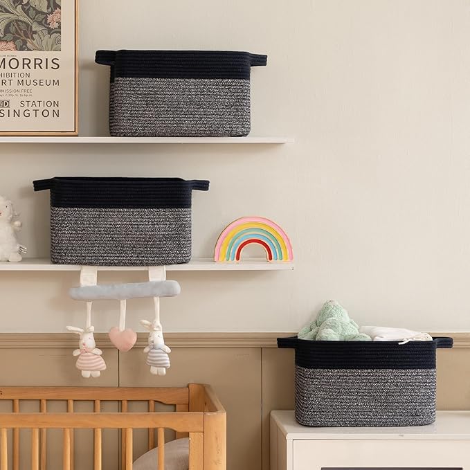 Storage Basket for Organizing, Woven Baskets for Storage, Rectangle Decorative Baskets for Shleves, Closet, Toys, Books, Nursery Organizer Bins - Pack of 3 (Blue & Black)