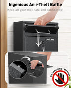Uniclife Wall Mount Mailbox for Outside, Black Locking Mailbox | Anti-Theft Function, Heavy Duty, Small Mailbox with Key Lock, Safe Key Drop Box, Steel Cash Drop Box for Home Office, Black