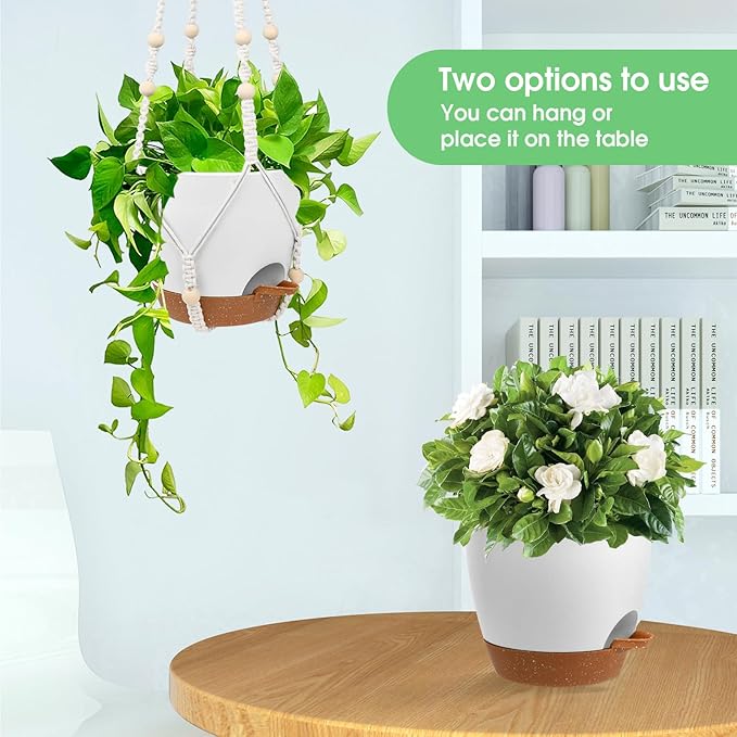 Hanging Planters for Indoor Outdoor Plants, 2 Pack Self Watering Hanging Pots, Hanging Plant Baskets with Drainage Holes & 2 Types of Plant Hangers (White, 6'')