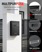 Uniclife Wall Mount Mailbox for Outside, Large Locking Mailbox, Black | Security Mail Box with Combination Lock, Safe Key Drop Box, Post Box, Steel Cash Drop Box for Home Office School