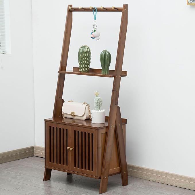 Bamboo Ladder Shelf Modern Wood Bookshelf Tall Bookcase Leaning Wall Shelves Open Standing Storage Rack Shelves for Living Room, Bathroom, Kitchen, Office(Brown, 3 Tier-27x12x47)
