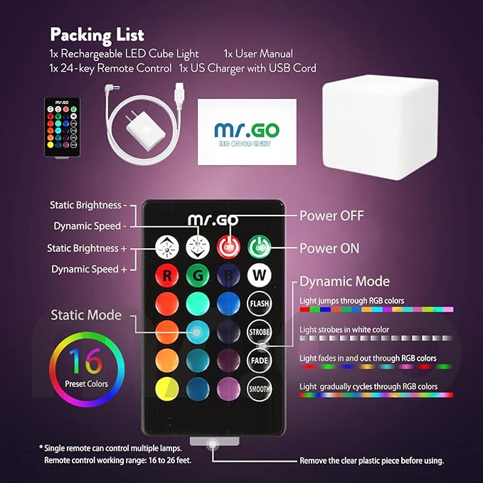 Mr.Go 14-Inch Color Changing LED Cube Light Stool, Glow Cube Seat for Kids, Modern LED Light Side Table, 16 RGB Colors LED Mood Lighting, Ideal for Home Garden Patio Bar Pool Party Decorative Lighting