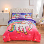 Aimuan Girls Unicorn Comforter Set 6 Pieces Pink Purple Bedding Set with Rainbow Star Galaxy Stars Fantasy Children Room Decor Soft Reversible Bed Sets for Boys/Girls/Teens (Pink-purple Twin6Pcs)