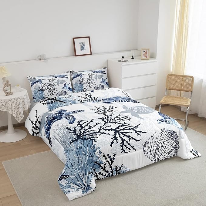 Turtle Comforter Set Full,White Blue Hawaiian Turtle Bedding for Kids,Reptile Tortoise Quilt Duvet Set Coastal Beach Theme Comforter Retro Sea Turtle Bed Set for Boys Girls Bedroom Decor(Marine life)