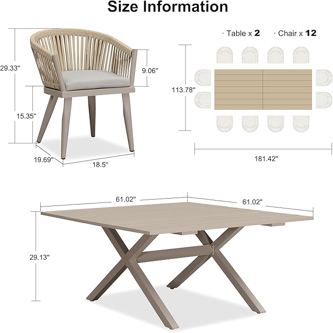 PURPLE LEAF 13 Pieces Oversized Outdoor Dining Set with Patio Aluminium Dining Table and Wicker Chairs Modern Furniture Cushions Sets for Backyard Indoor Decor Kitchen Champagne