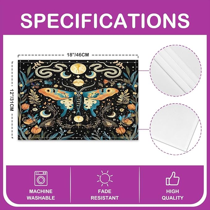 Feelyou Bohemian Moth Placemats Set of 4 18"x12" Boho Exotic Butterfly Placemat for Kitchen Dining Table Decor Indoor Outdoor for Kids Teens Adults Sun Moon Table Place Mats, Galaxy Floral Botanical