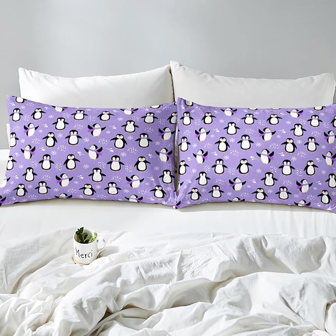 Penguin Comforter Set Queen Size Kawaii Penguin Down Comforter Antarctic Animal Bedding Set for Kids Boys Girls Teens Cartoon Cute Winter Quilt Set Snowflake Pattern Duvet Set Room Decor, Purple
