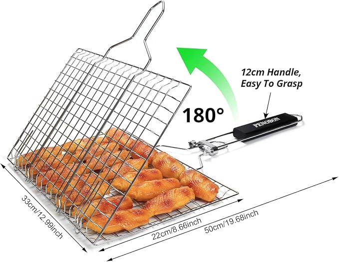 Fish Grilling Basket, Folding Portable Stainless Steel BBQ Grill Basket for Fish Vegetables Shrimp with Removable Handle, Come with Basting Brush and Storage Bag